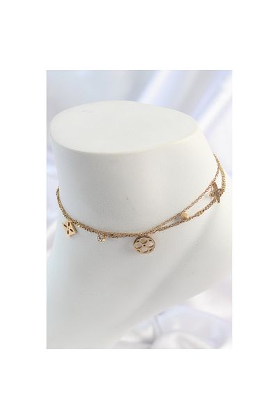 Skygo 316L 2 Piece Chain Color - Gold Steel Women's Anklet Izzetli Zircon Stone