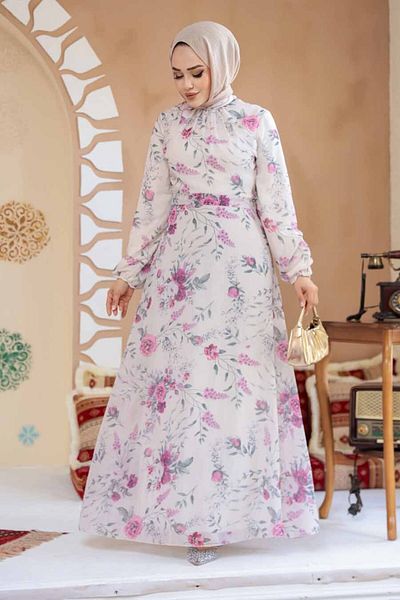 Neva Style Beige Floral Patterned Hijab Dress 27989