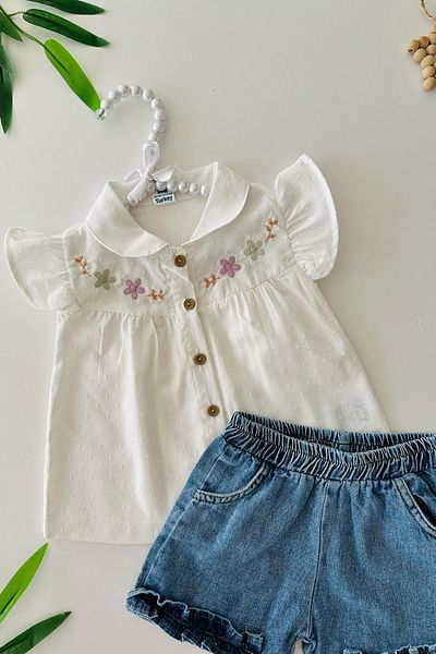 Minigimin Cicileri Baby Girl 2-Piece Set with My Little One's Ciceras Embroidery Floral Pattern Denim Shorts - White