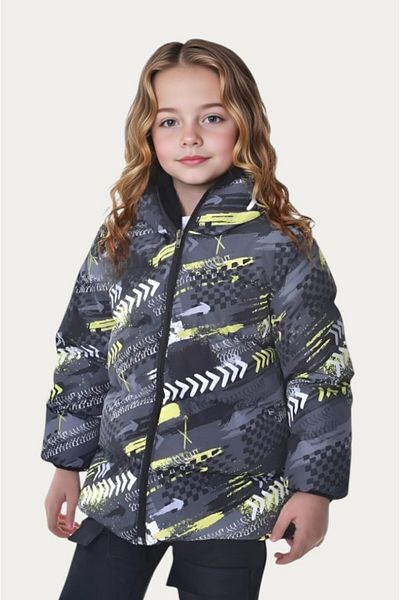 Montland Girl's Yellow Black Digital Pattern Fleece Water and Windproof Hooded Inflatable Winter Coat