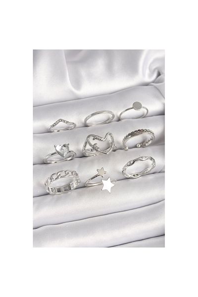 Skygo Zircon Stone Star Detailed Women's Ring Combination - Brass Silver Color Heart Figure