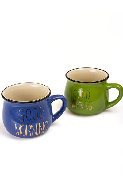MUKKO HOME Set of 2 Enamel Look Porcelain Mugs with Good Morning Gold Writing 150 ml