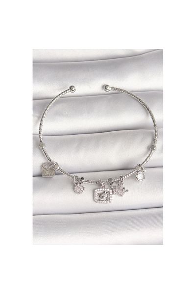 Skygo Brass Silver Color Hanging Zircon Stone Teddy Bear Figure Crown Detail Charm Women's Bracelet - Tj-Bb6907