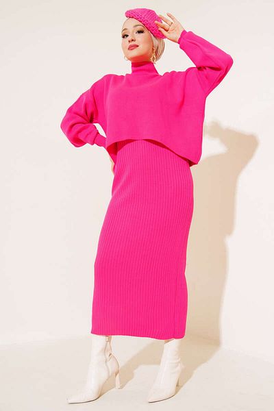 giyze Turtleneck Sweater Gilet Knitwear Double Suit Fuchsia 5104