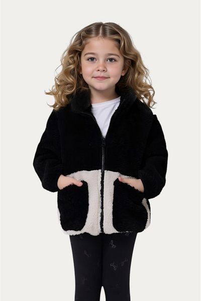Montland Girl's Plush Black Ecru Pocket Zippered Welsoft Winter Coat