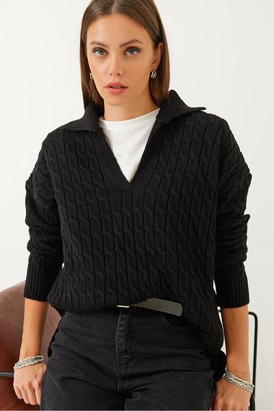 Bianco Lucci Women's V-Neck Patterned Knitwear Sweater 85001030