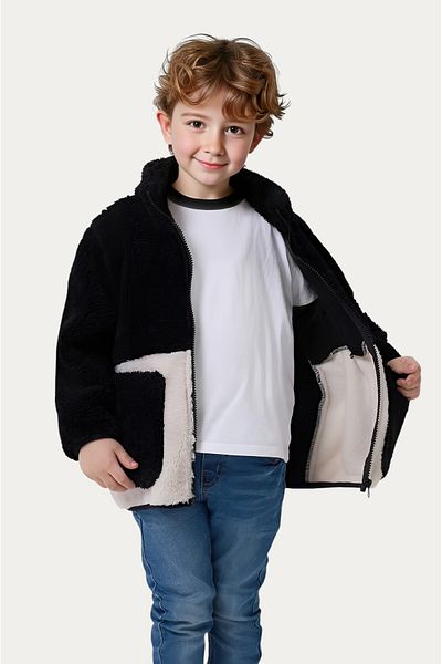 Montland Boy's Plush Black Ecru Pocket Zippered Welsoft Winter Coat