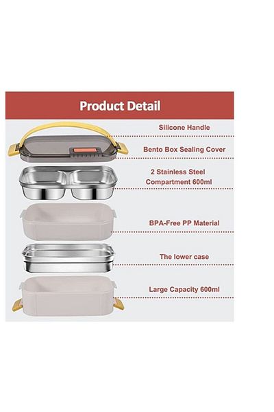 COOYA Lunch Box for Adults & Kids, Reusable Stainless Steel Handheld Portable 2 Layers Meal Box, 1200ml