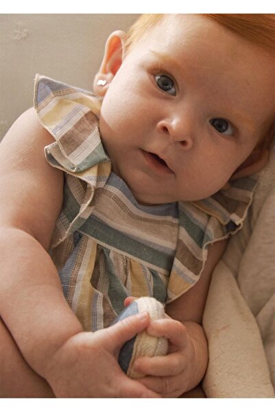 MAYORAL Baby Girl Linen Striped Dress with Diaper Cover Beige 1855
