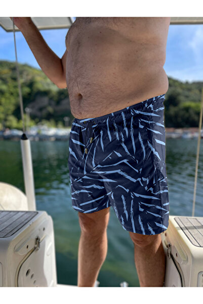 Miami Beach Lacivert Marin Desenli Büyük Beden Standart Boy Erkek Mayo Deniz Şortu