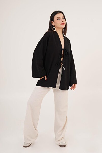 Hipo Trend Casual Black Tunic with Front Tie Detail