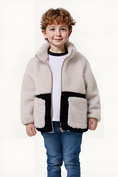 Montland Boy's Plush Ecru Black Pocket Zippered Welsoft Winter Coat