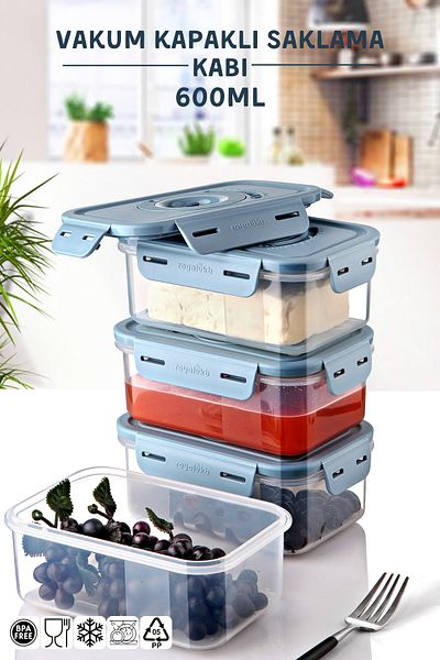 Nandy Home Set of 4 600ml Vacuum Storage Container with Lid Can Be Used in Microwave and Freezer