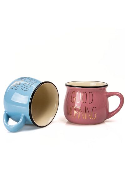 MUKKO HOME Set of 2 Enamel Look Porcelain Mugs with Good Morning Gold Writing 150 ml