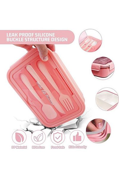 COOYA Lunch Box with 3 Compartments and Cupfor,Lunch Bag,Spoon,Fork,for Kids,Adults (Pink)