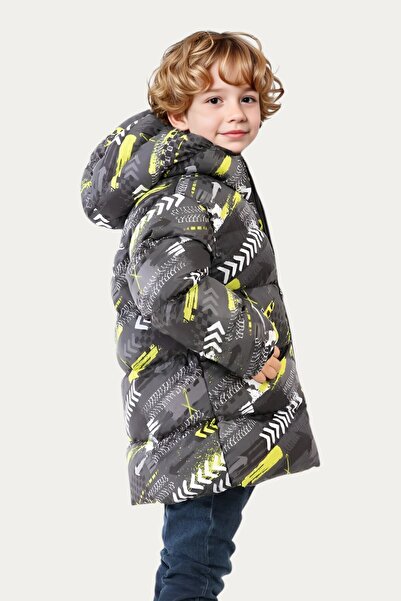 Montland Erkek  Çocuk Sarı Siyah Dijital Desen İçi Polar Su ve Rüzgar Geçirmez Kapüşonlu Şişme Kışlık Mont
