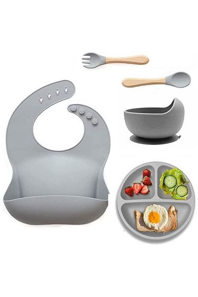 COOYA Silicone Baby Feeding Set,Toddler Divider Plate & Bowl with Suction,BPA Free(Grey)