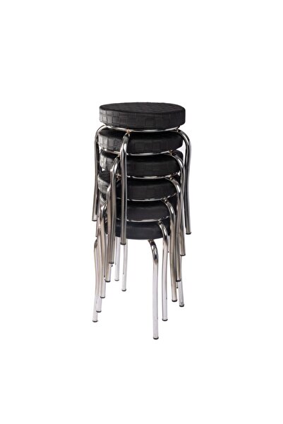 ekipmetal Gri Demir Ayaklı Siyah Deri 6'lı Mutfak Balkon Taburesi