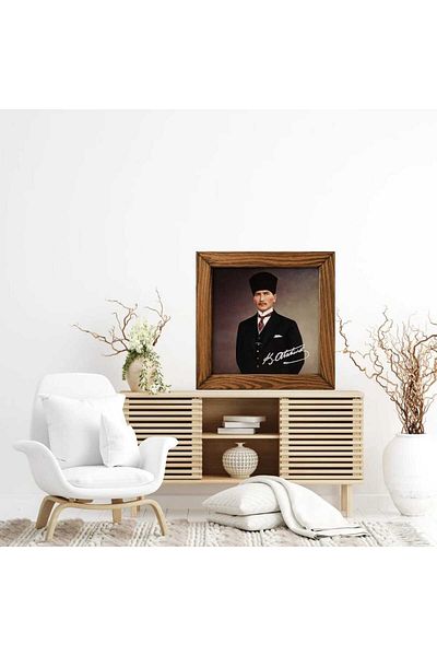 Mask Ataturk Portrait Ceramic Painting with Wooden Frame 29X29Cm Model 1