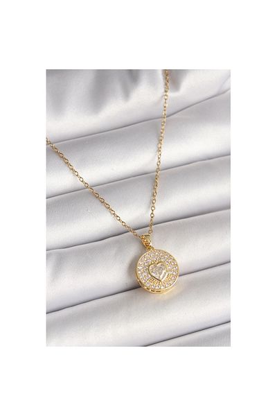 Skygo 316L Steel Gold Color Chain Locket Zircon Stone Heart Model Women's Necklace - Tj-Bko9946