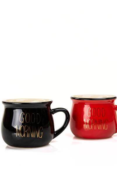 MUKKO HOME Set of 2 Enamel Look Porcelain Mugs with Good Morning Gold Writing 150 ml