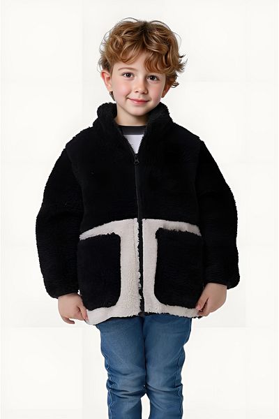 Montland Boy's Plush Black Ecru Pocket Zippered Welsoft Winter Coat