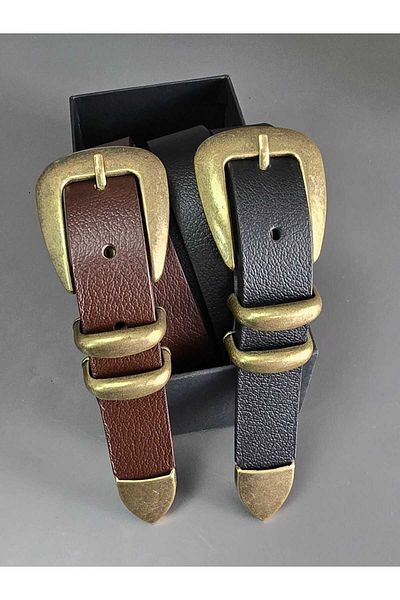 Kemerix 100% Genuine Leather Antique Coated Suit Buckle Black-Bitter Brown 2-Piece Belt Set