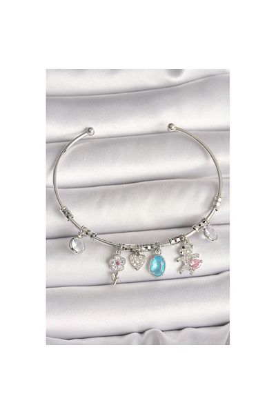 Skygo Brass Silver Color Dangle Zircon Stone Teddy Bear Figure Flower Detail Charm Women's Bracelet - Tj-Bb6908