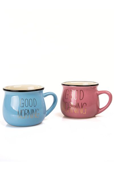 MUKKO HOME Set of 2 Enamel Look Porcelain Mugs with Good Morning Gold Writing 150 ml