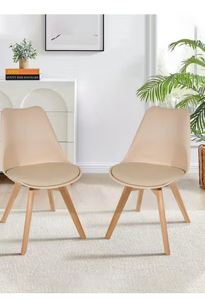 Taimi Pack Of 2 Mid Century Modern Side Chair , PU Leather Soft Padded Seats and Solid Wood Legs Beige