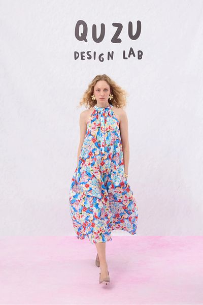 Quzu Halter Neck Floral Patterned Long Dress Blue