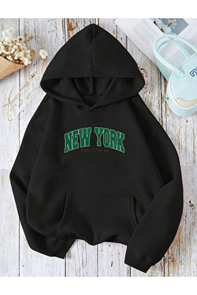 RPT MODA OVERSIZED ΠΡΑΣΙΝΟ NEWYORK PRINT ΛΕΠΤΟΜΕΡΗ ΦΟΥΤΕΡ ΜΕ ΚΟΥΚΟΥΛΑ