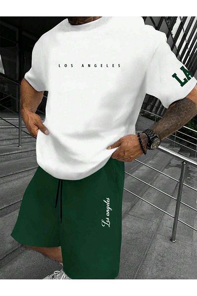 PENTHİLUS Tricou fără mâneci cu imprimeu cu litere și pantaloni scurți cu șireturi în talie Costum de vară cu croială relaxată