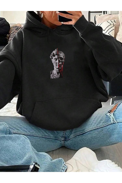 RPT MODA سويت شيرت أساسي بغطاء للرأس ومطبوع عليه تمثال كبير الحجم