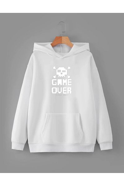 RPT MODA Oversized Gameover Printed Detail Basic Sweatshirt with Hood
