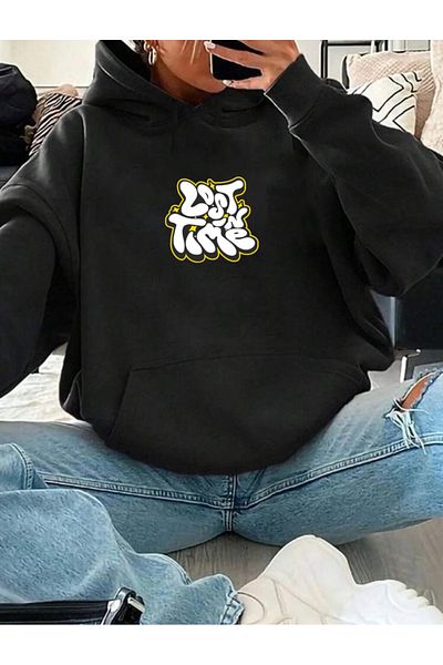 RPT MODA Oversized Lost Print Detail Hooded Basic Sweatshirt