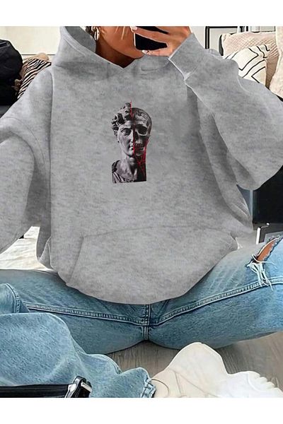 RPT MODA Oversized Statue Printed Detail Hooded Basic Sweatshirt