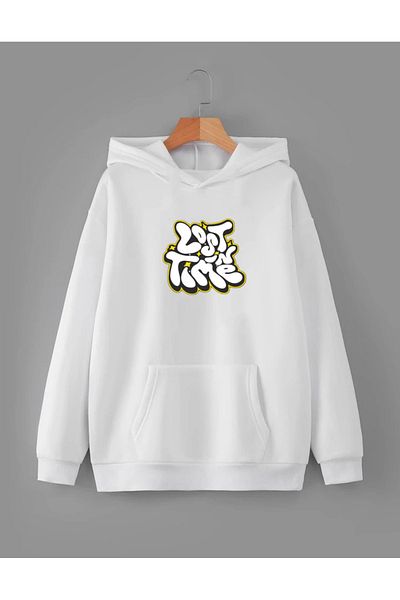 RPT MODA Oversized Lost Print Detail Hooded Basic Sweatshirt