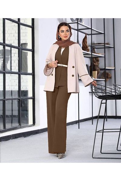 zümrüt moda Belted Piping Detailed Blazer Jacket, Vest, Belt and Trousers, Four-Piece Suit 1722