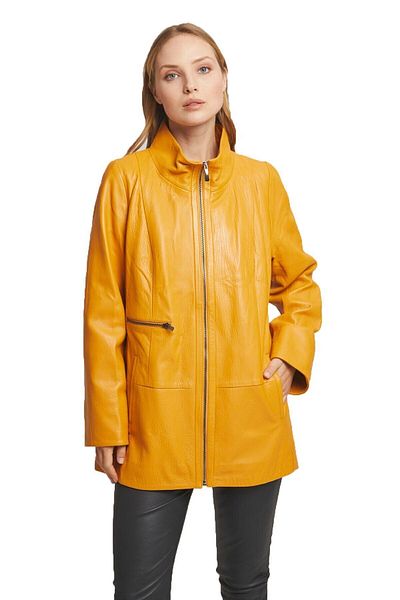 Deriderim Yellow Alessa Zippered Wide Cut Long Women's Genuine Leather Coat