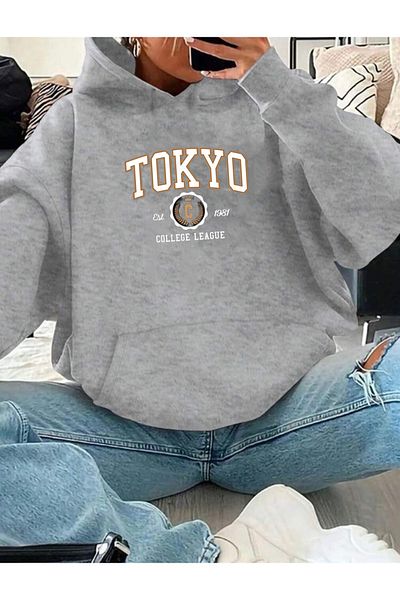RPT MODA Oversized Tokyo Print Detail Hooded Basic Sweatshirt