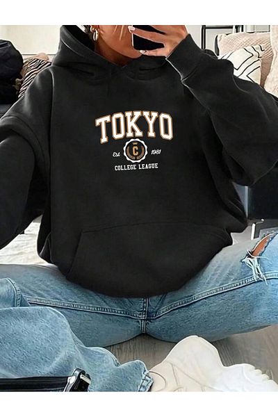 RPT MODA Oversized Tokyo Print Detail Hooded Basic Sweatshirt
