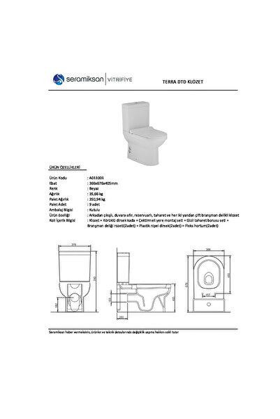 Seramiksan Terra Duvara Sıfır Klozet Takım A011001h, Terra Duroplast Yavaş Kapak