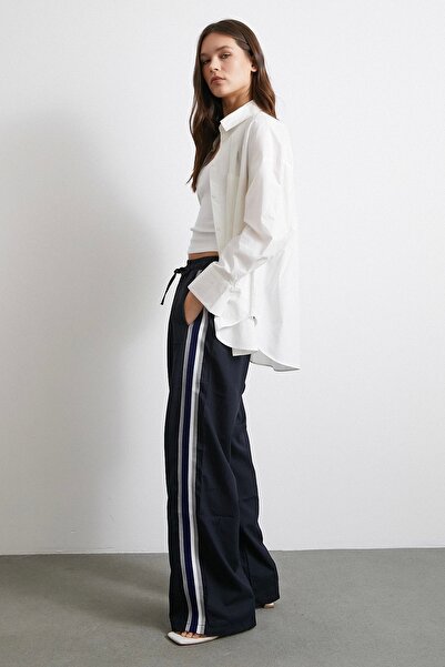 Never more Elastic Waist Double Stripe Trousers Navy Blue