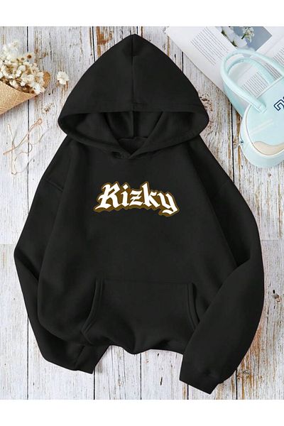 RPT MODA Oversized Girly Print Detail Hooded Basic Sweatshirt