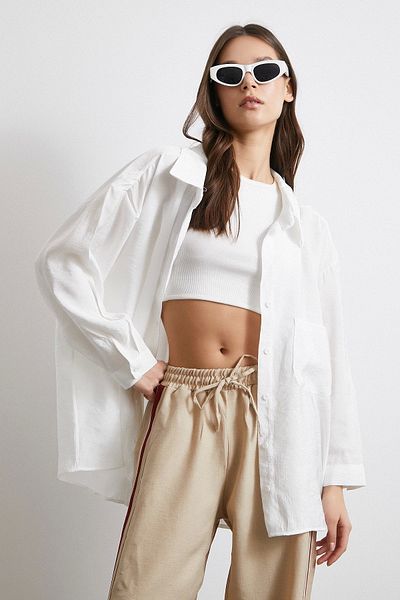 Never more Oversize Pocketed Modal Cream High School Collar Counter Head Tez-Tez