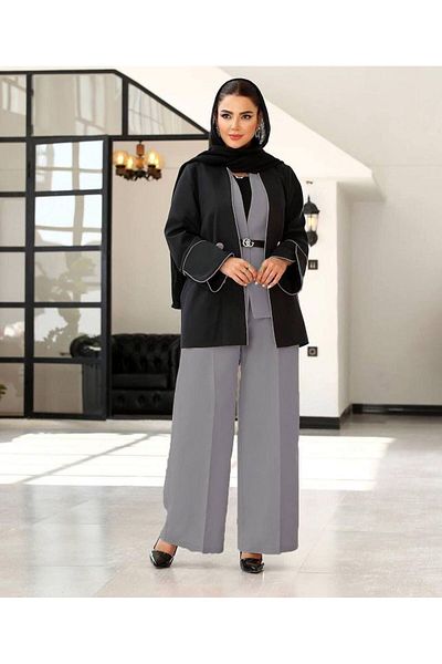 zümrüt moda Belted Piping Detailed Blazer Jacket, Vest, Belt and Trousers, Four-Piece Suit 1722