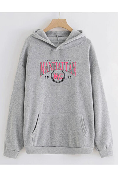 OVERSİZE MANHATTAN BASKI DETAYLI KAPÜŞONLU BASİC SWEATSHİRT