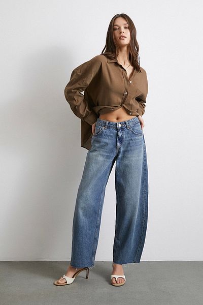 Never more High Waist Cut Leg Mom Jean Navy Blue