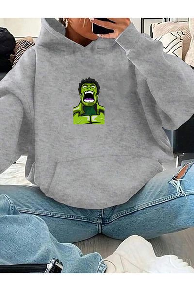 RPT MODA Oversized Hulk Print Detail Hooded Basic Sweatshirt